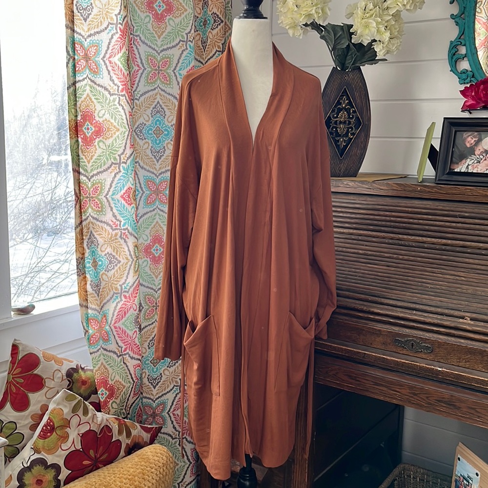 NWT Yesta Rust Orangey/Brown Open Front Cardigan with belt, Size 1X